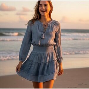 Natural Life Blue Cotton Gauze Smocked Waist Tassel Boho Mini Dress sz M Resort